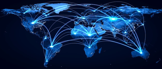 Conexão de rede global cobrindo a terra com linhas de percepção inovadora