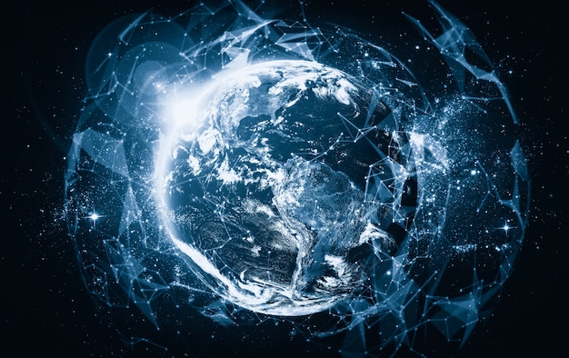 Conexão de rede global cobrindo a Terra com linhas de percepção inovadora