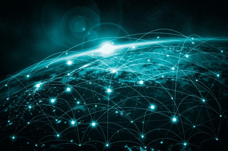 Foto conexão de rede global cobrindo a terra com linhas de percepção inovadora