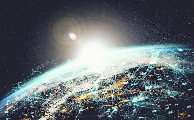 Conexão de rede global cobrindo a terra com linhas de percepção inovadora