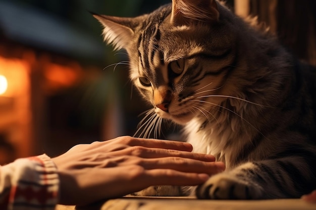 Conexão do proprietário dos companheiros estende a mão para o animal de estimação enquanto o gato escuta IA generativa