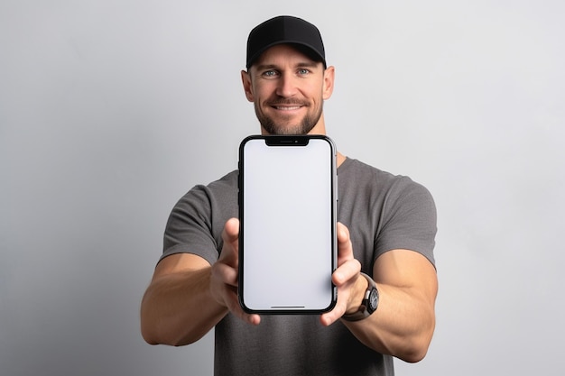 Conexão elegante, homem bonito e tela em branco, IA generativa de smartphone