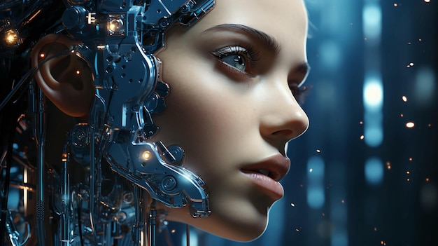 Conexão entre mulher humana e robô de inteligência artificial O conceito de fusão