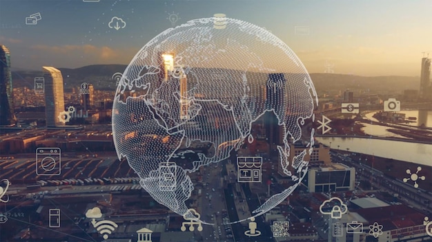 Conexão global e modernização da rede de internet na cidade inteligente Conceito de futura conexão digital sem fio 5G e rede de mídia social
