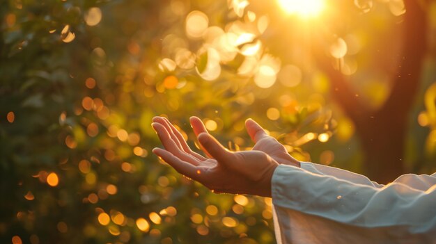 Conexão mente-corpo Uma pessoa está segurando as mãos no ar com o sol brilhando sobre elas