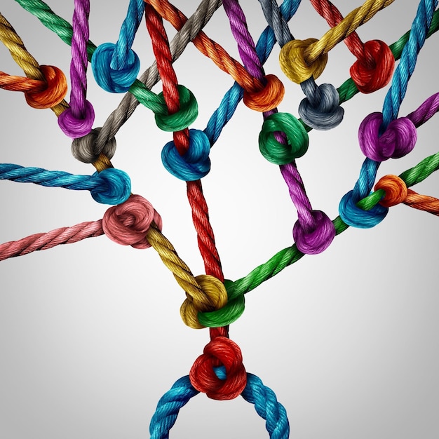 Foto conexión de árbol de red como un grupo de cuerdas conectadas unidas como una estructura de ramificación de crecimiento