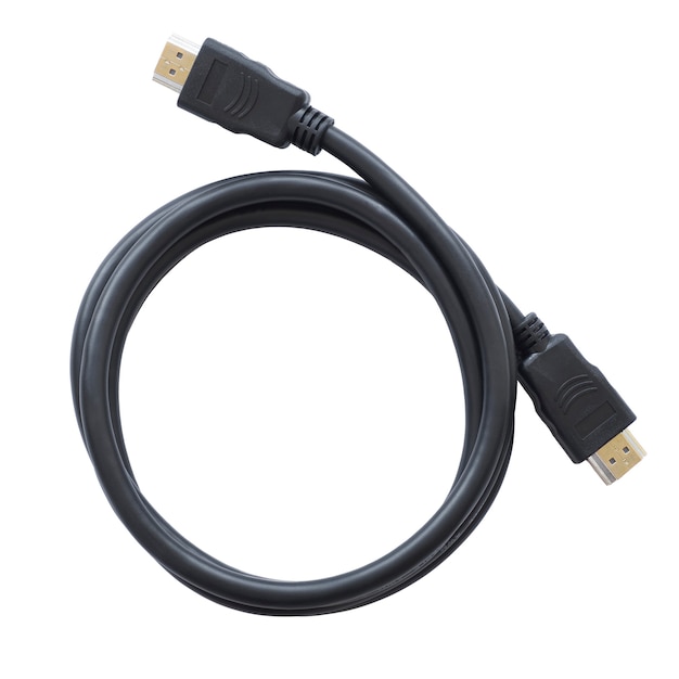 Conexión de cable HDMI aislado fondo blanco. Tecnología, electrónica, computadora, cable de comunicación de tv