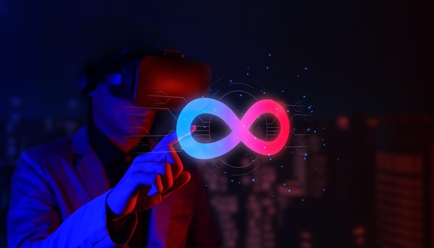 Conexión comunitaria de símbolo de infinito de realidad virtual del sistema de tecnología de red global del mundo metaverso y elemento de signo de bucle abstracto en comunicación digital de innovación