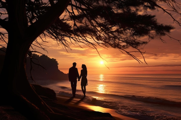 Conexión costera Parejas silueta junto al mar