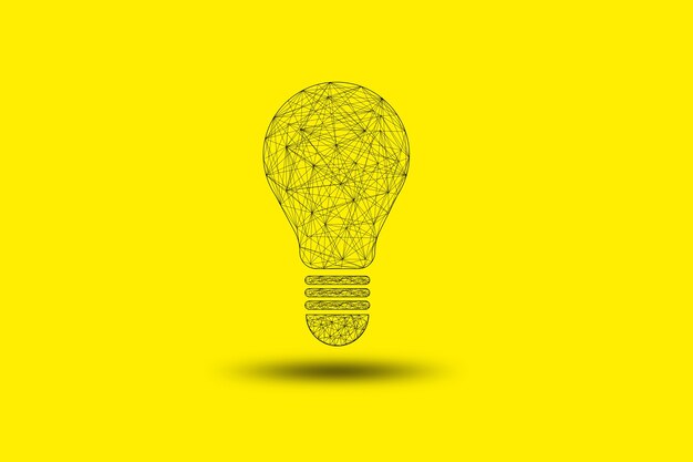 Conexión de dibujo para bombilla o lámpara sobre fondo amarillo, idea de pensamiento creativo y concepto de innovación