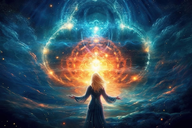 Foto conexión divina entre la tierra y las estrellas soñador cósmico estrella susurrador personaje fantasía fantástica ilustración generativa ai