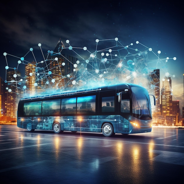 Conexión global a la red de negocios IoT Internet de las cosas bus de concepto de inteligencia de negocios