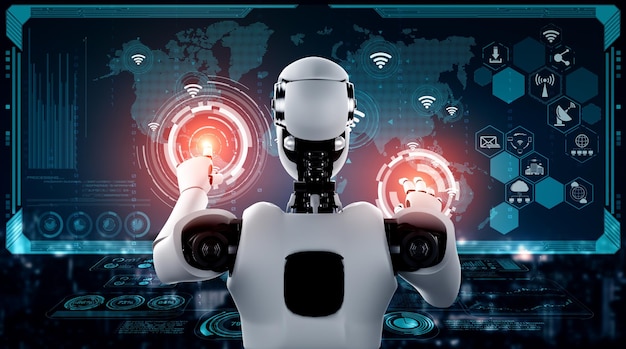 Conexión a Internet controlada por robot AI y proceso de aprendizaje automático para analizar la conectividad de datos y la seguridad cibernética. Ilustración 3D.