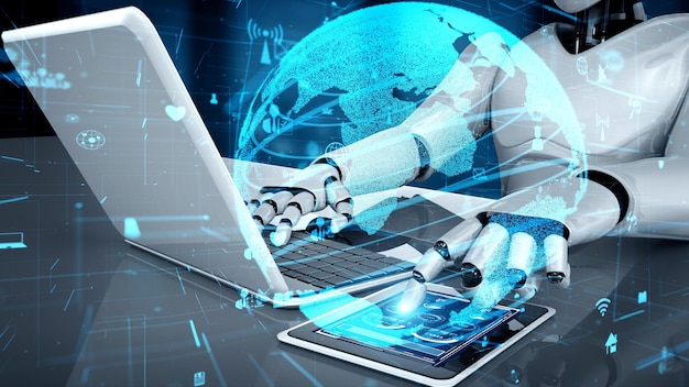 Conexión a Internet controlada por un robot humanoide de IA y un proceso de aprendizaje automático
