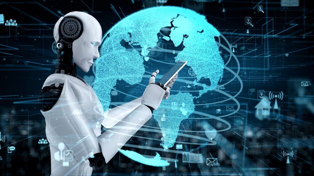 Conexión a Internet controlada por un robot humanoide de IA y un proceso de aprendizaje automático
