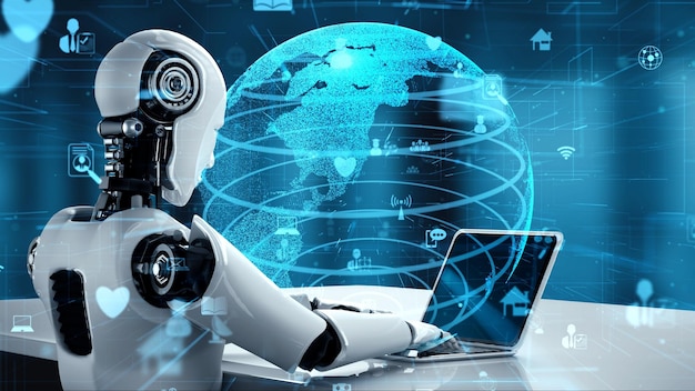 Conexión a Internet controlada por un robot humanoide de IA y un proceso de aprendizaje automático
