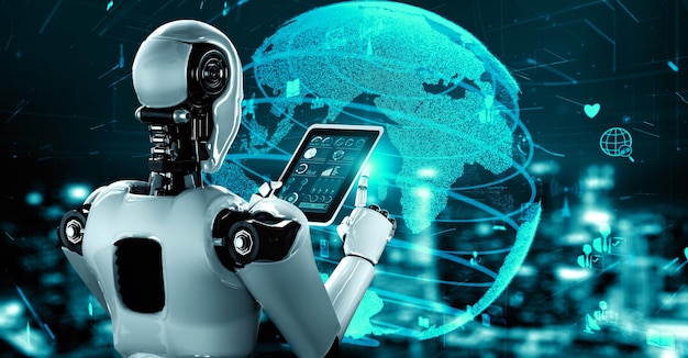 Conexión a Internet controlada por un robot humanoide de IA y un proceso de aprendizaje automático