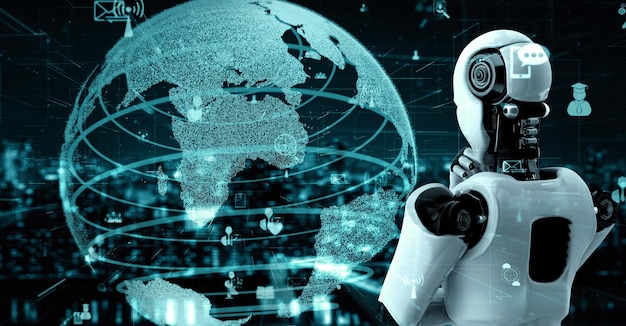 Conexión a Internet controlada por un robot humanoide de IA y un proceso de aprendizaje automático