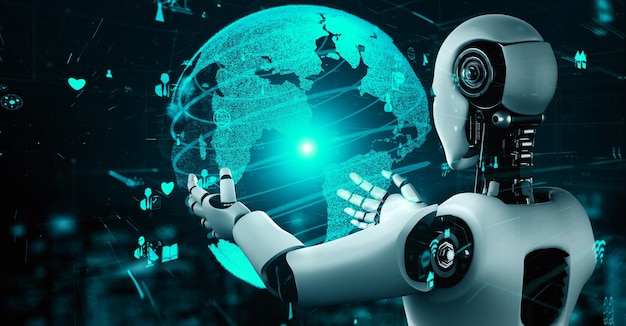 Conexión a Internet controlada por un robot humanoide de IA y un proceso de aprendizaje automático