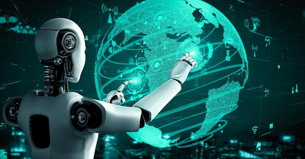 Conexión a Internet controlada por un robot humanoide de IA y un proceso de aprendizaje automático
