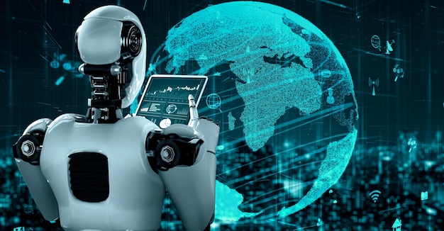 Conexión a Internet controlada por un robot humanoide de IA y un proceso de aprendizaje automático