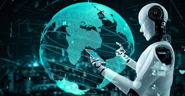Conexión a Internet controlada por un robot humanoide de IA y un proceso de aprendizaje automático