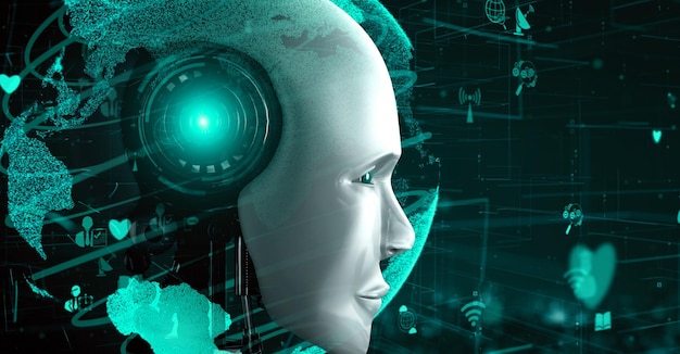Conexión a Internet controlada por un robot humanoide de IA y un proceso de aprendizaje automático