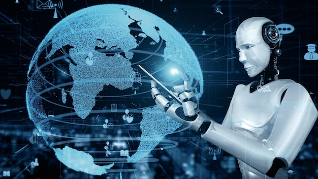 Conexión a Internet XAI controlada por robot humanoide de IA y proceso de aprendizaje automático
