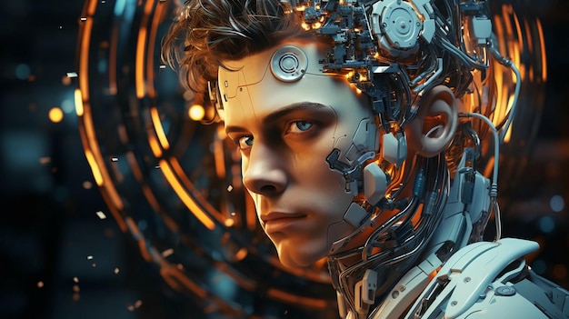 Conexión macho humano y robot de inteligencia artificial El concepto de fusionar a una persona