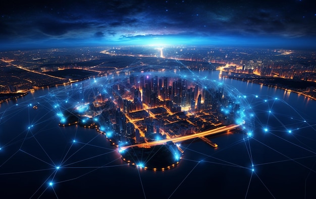 conexión mundial de internet virtual global de la tierra nocturna de la red de tecnología metaverso