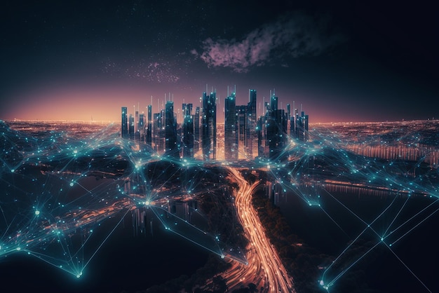 Conexión de patrón de ciudad y polígono inteligente con tecnología de línea de velocidad Ilustración IA generativa