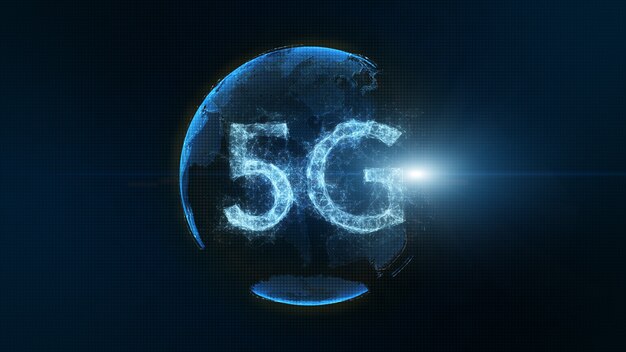 Conexión de punto 5g fondo azul oscuro de la tierra.