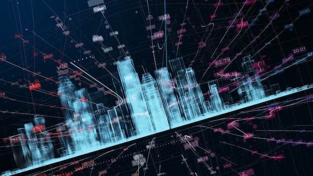 Conexión de red futurista digital de datos de Big City. Concepto de tecnología de renderizado 3D.