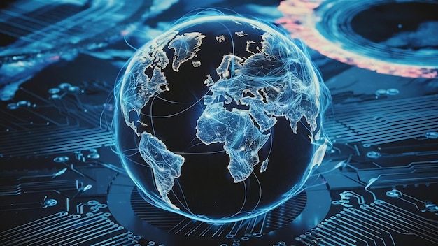 Conexión de red global azul mapa del mundo futurista concepto del planeta tierra renderización en 3D