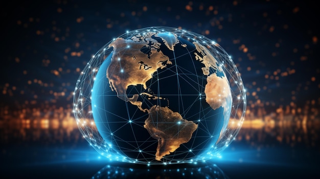 Conexión de red global Composición del mapa mundial y concepto de esquema de negocio global Vista de la tierra que representa las comunicaciones globales