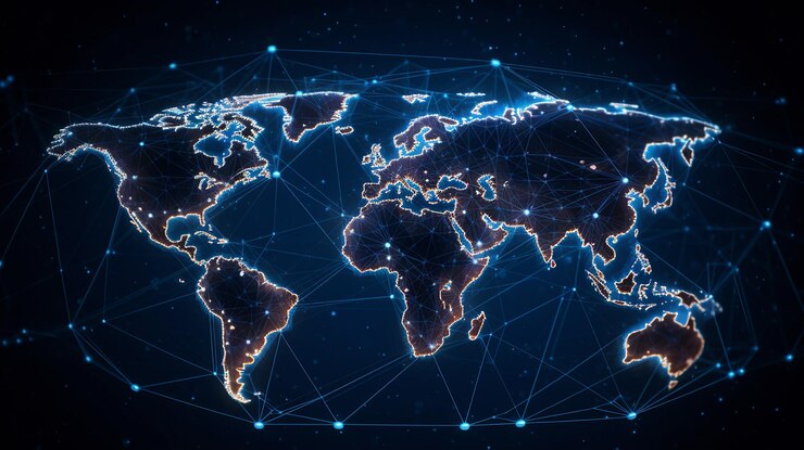 Conexión de red global Composición del mapa mundial y concepto de esquema de negocio global