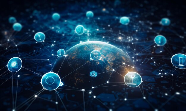 Conexión de red global e intercambio de datos en todo el mundo Elementos de representación 3D de esta imagen proporcionados por la NASA