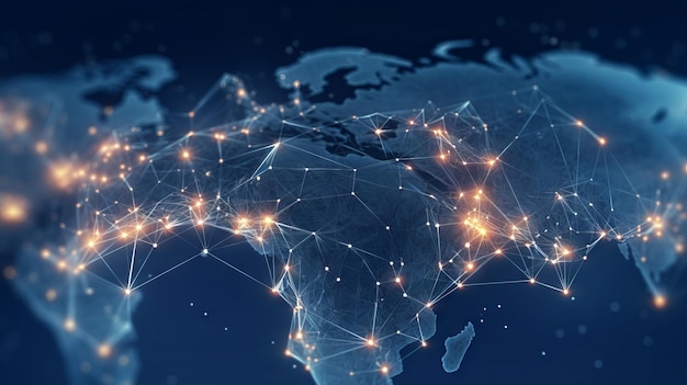 Conexión de red global en el mapa mundial Fondo de tecnología IA generativa