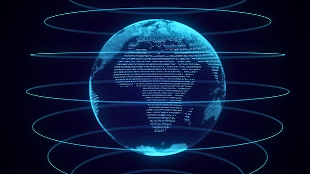 Conexión de red global Mapa del mundo futurista azul Concepto del planeta Tierra Representación 3D