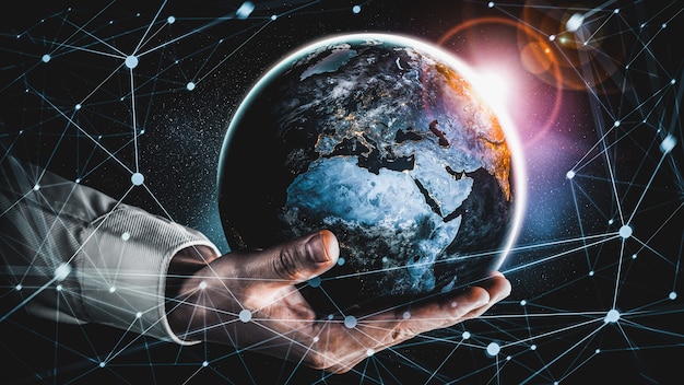 Conexión de red global que cubre la tierra con enlace de percepción innovadora