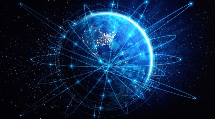 Foto conexión de red global que cubre la tierra con líneas de percepción innovadora
