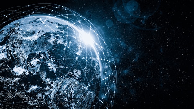 Conexión de red global que cubre la tierra con líneas de percepción innovadora