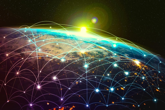 Conexión de red global que cubre la tierra con líneas de percepción innovadora