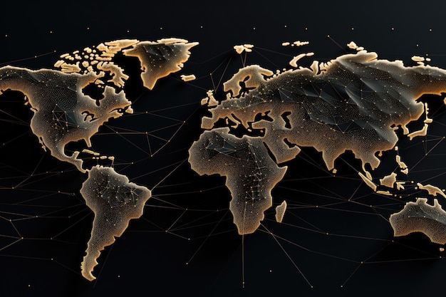 Conexión de red global Representación 3D con líneas doradas sobre fondo negro Línea de purga abstracta y escalas de puntos sobre fondo negro con Map World AI generado
