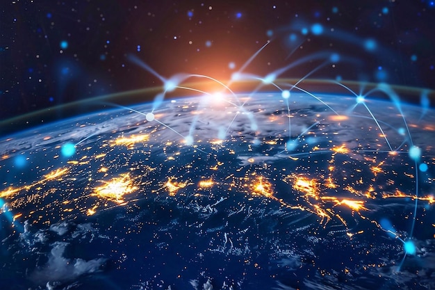 Conexión de red global en todo el mundo sobre fondo azul.