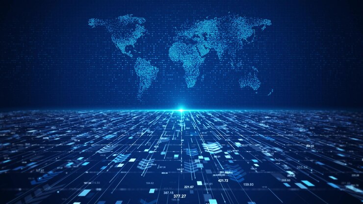 La conexión de la red de negocios del planeta Tierra con el mapa del mundo, el flujo de datos digitales, la tecnología blockchain.