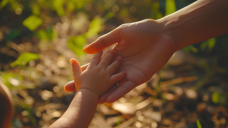 Una conexión suave entre un adulto y un niño al aire libre durante la hora dorada en la naturaleza