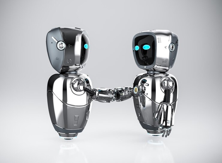 Foto conexión de la tecnología con el apretón de manos del asistente del robot de renderizado 3d