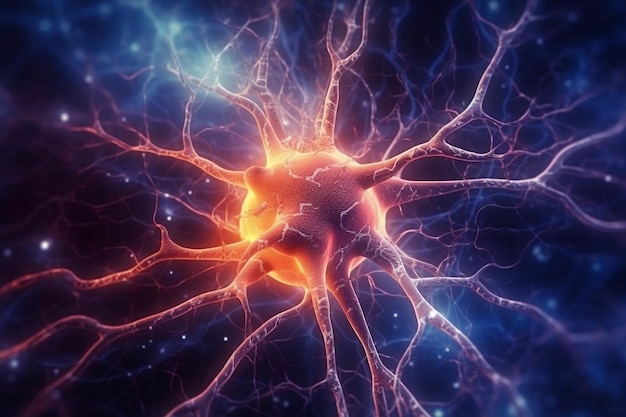 Conexiones neuronales electrizantes que iluminan las células neuronales del cerebro humano generadas Ai