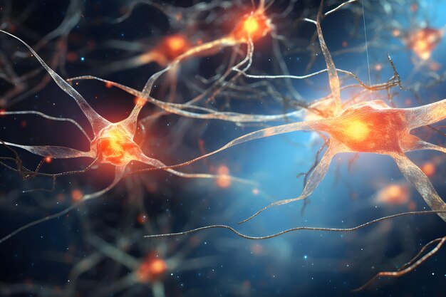 Foto conexiones neuronales vibrantes iluminadas por luz brillante en vista de cerca para la neurociencia y los conceptos médicos ia generativa